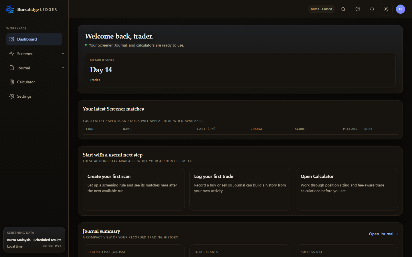 BursaEdge Dashboard showing an empty latest Screener matches table, starter action cards, and Journal summary.